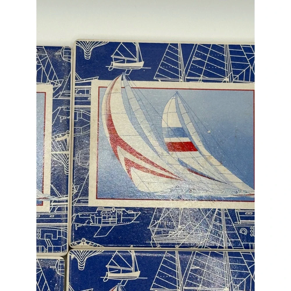 Vintage Nautical Sailboat Ceramic Coaster Set of 4 with Wood Holder Blue White‎